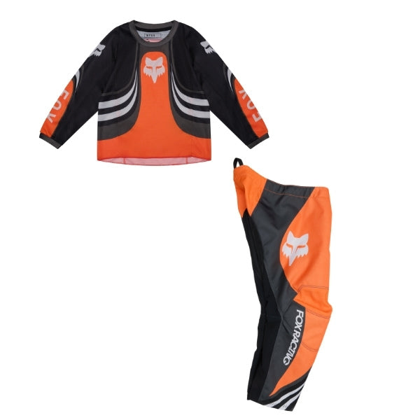 Fox Racing 180 Draft Jersey, Pant Combo (Kids) in Sunburst, studio layout of the jersey and matching riding pants, with the long-sleeve jersey above coordinated pants, matching Fox graphics, articulated knees, and contrasting leg panels. Available options—Color: White, Sunburst. - alternate view