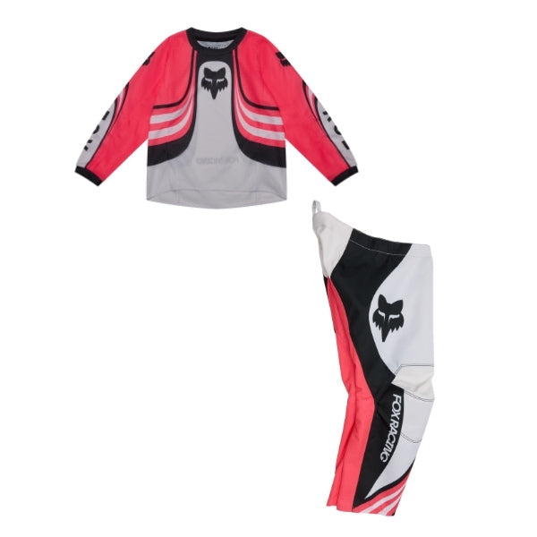 Fox Racing 180 Draft Jersey, Pant Combo (Kids) in White, studio layout of the jersey and matching riding pants, with the long-sleeve jersey above coordinated pants, matching Fox graphics, articulated knees, and contrasting leg panels. Available options—Color: White, Sunburst.