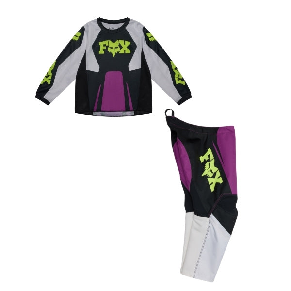Fox Racing 180 Raid Jersey, Pant Combo (Kids) in Purple Lava, studio layout of the jersey and matching riding pants, with the long-sleeve jersey above coordinated pants, matching Fox graphics, articulated knees, and contrasting leg panels. Available options—Color: Rust, Purple Lava. - alternate view