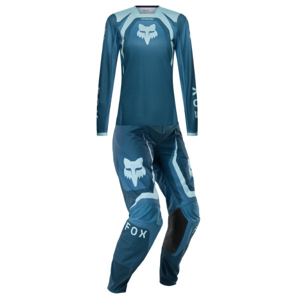Fox Racing 180 Frame Jersey, Pant Combo (Womens) in Deep Blue, studio layout of the jersey and matching riding pants, with the long-sleeve jersey above coordinated pants, matching Fox graphics, articulated knees, and contrasting leg panels. Available options—Color: Neon Pink, Deep Blue. - alternate view