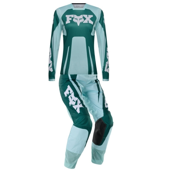 Fox Racing 180 Raid Jersey, Pant Combo (Womens) in Melon, studio layout of the jersey and matching riding pants, with the long-sleeve jersey above coordinated pants, matching Fox graphics, articulated knees, and contrasting leg panels. Available options—Color: Lavender Drift, Melon. - alternate view