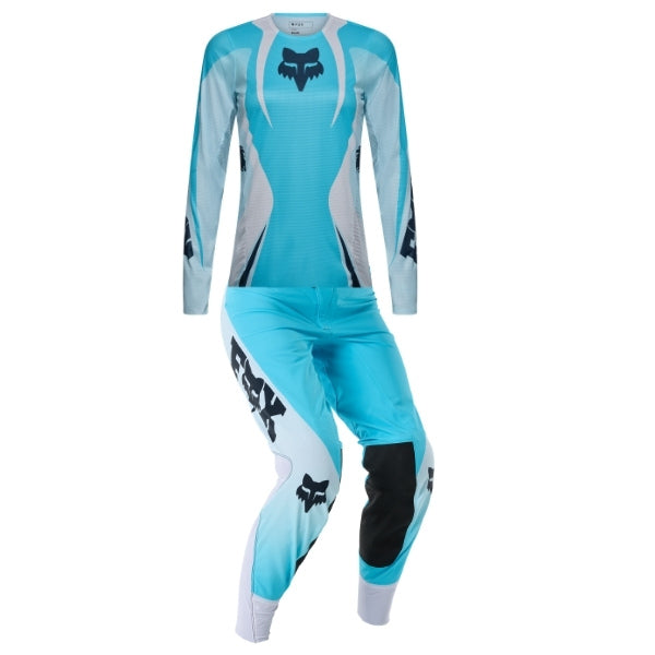 Fox Racing Flexair Thorn Jersey, Pant Combo (Womens) in Sky Blue, studio layout of the jersey and matching riding pants, with the long-sleeve jersey above coordinated pants, matching Fox graphics, articulated knees, and contrasting leg panels. Available options—Color: Black/Pink, Sky Blue. - alternate view