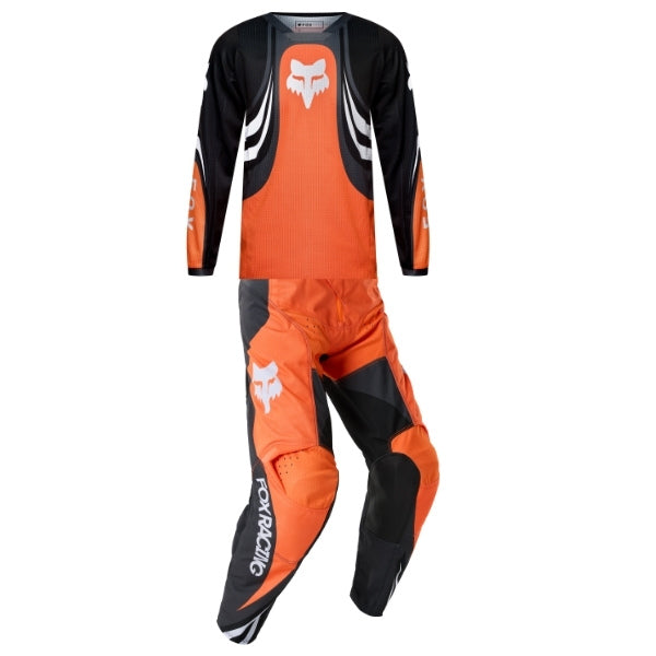 Fox Racing 180 Draft Jersey, Pant Combo (Youth) in Sunburst, studio layout of the jersey and matching riding pants, with the long-sleeve jersey above coordinated pants, matching Fox graphics, articulated knees, and contrasting leg panels. Available options—Color: White, Sunburst. - alternate view
