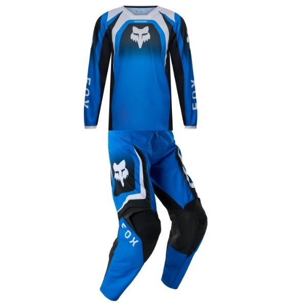 Fox Racing 180 Frame Jersey, Pant Combo (Youth) in Blue, studio layout of the jersey and matching riding pants, with the long-sleeve jersey above coordinated pants, matching Fox graphics, articulated knees, and contrasting leg panels. Available options—Color: Blue, Grey/Yellow, Black, Red.