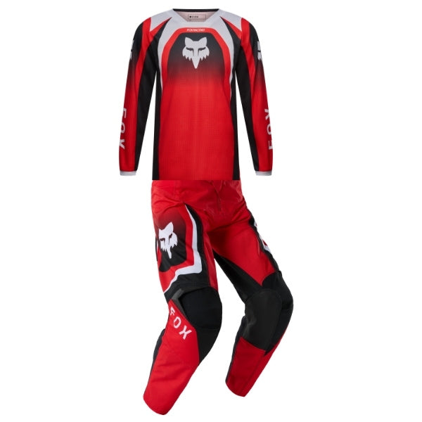 Fox Racing 180 Frame Jersey, Pant Combo (Youth) in Red, studio layout of the jersey and matching riding pants, with the long-sleeve jersey above coordinated pants, matching Fox graphics, articulated knees, and contrasting leg panels. Available options—Color: Blue, Grey/Yellow, Black, Red. - alternate view