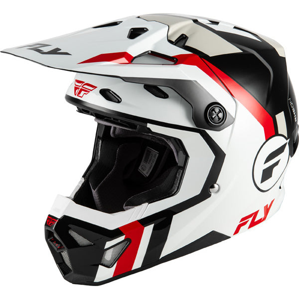 Studio view of fly racing formula cp seal helmet youth, on a white studio background | Fly Racing - Formula CP Seal Helmet (Youth) | SKU 73-0040 | Colors: White/Black/Red, Black/Grey/Light Grey, Navy Blue/Grey, Matte Stone/Khaki/Olive | Available at BTO Sports
