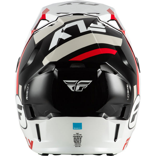 Studio view of fly racing formula cp seal helmet, in white and black and red, on a white studio background, | Fly Racing - Formula CP Seal Helmet | SKU 73-0040 | Colors: White/Black/Red, Black/Grey/Light Grey, Navy Blue/Grey, Matte Stone/Khaki/Olive | Sizes: XS to 2X | Available at BTO Sports