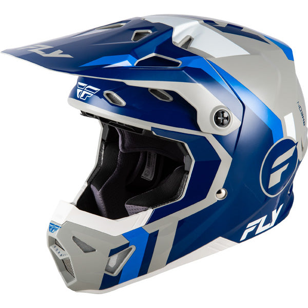 Studio view of fly racing formula cp seal helmet, in white and black and red, on a white studio background, | Fly Racing - Formula CP Seal Helmet | SKU 73-0040 | Colors: White/Black/Red, Black/Grey/Light Grey, Navy Blue/Grey, Matte Stone/Khaki/Olive | Sizes: XS to 2X | Available at BTO Sports