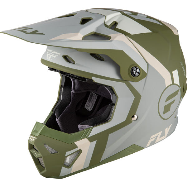 Studio view of fly racing formula cp seal helmet, in navy blue and grey, on a white studio background, | Fly Racing - Formula CP Seal Helmet | SKU 73-0040 | Colors: White/Black/Red, Black/Grey/Light Grey, Navy Blue/Grey, Matte Stone/Khaki/Olive | Sizes: XS to 2X | Available at BTO Sports