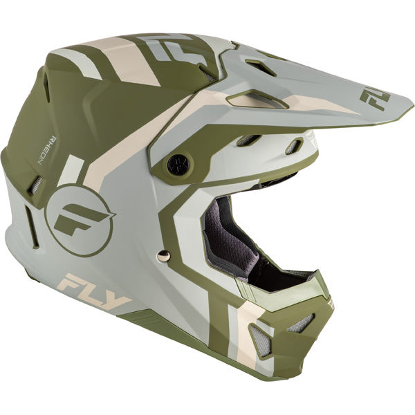 Studio view of fly racing formula cp seal helmet youth, on a white studio background | Fly Racing - Formula CP Seal Helmet (Youth) | SKU 73-0040 | Colors: White/Black/Red, Black/Grey/Light Grey, Navy Blue/Grey, Matte Stone/Khaki/Olive | Available at BTO Sports