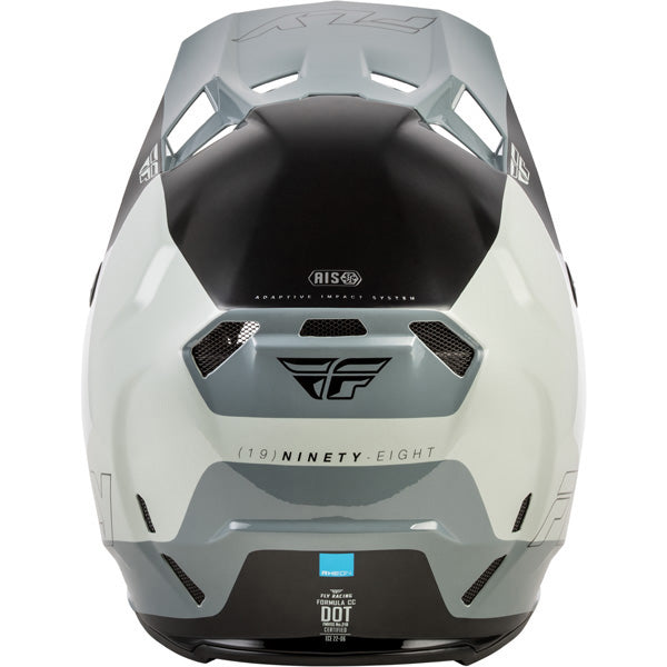 Studio view of fly racing formula cc glide helmet, in grey and light grey and black, on a white studio background, | Fly Racing - Formula CC Glide Helmet | SKU 73-4352 | Colors: Purlpe/Stone/Black, Grey/Light Grey/Black, Blue/Light Grey/Grey, Black/Red/Grey | Sizes: XS to 2X | Available at BTO Sports