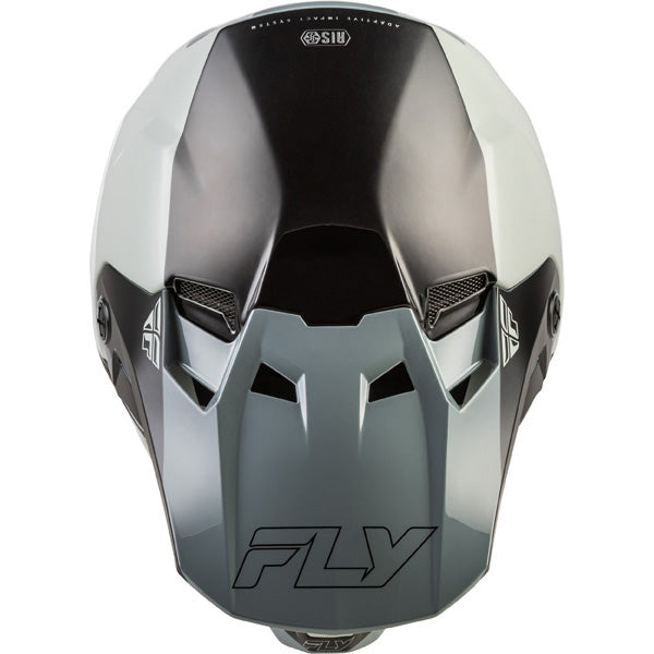Studio view of fly racing formula cc glide helmet, in grey and light grey and black, on a white studio background, | Fly Racing - Formula CC Glide Helmet | SKU 73-4352 | Colors: Purlpe/Stone/Black, Grey/Light Grey/Black, Blue/Light Grey/Grey, Black/Red/Grey | Sizes: XS to 2X | Available at BTO Sports
