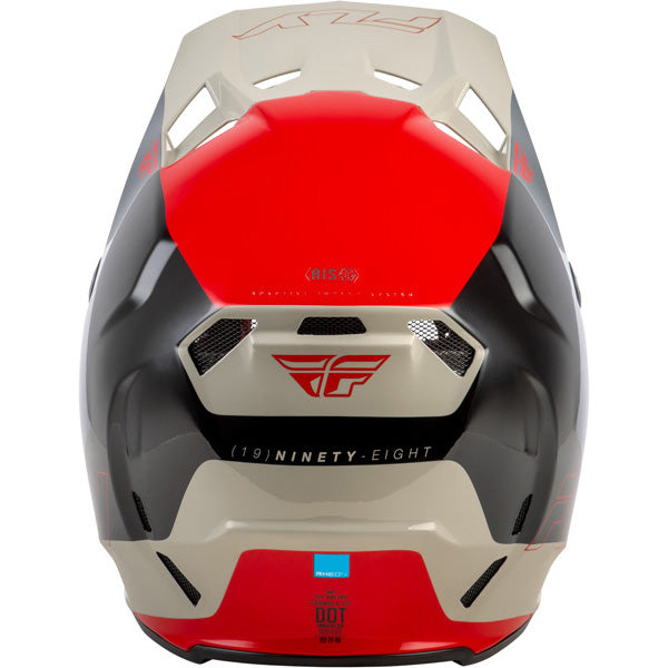 Studio view of fly racing formula cc glide helmet, in black and red and grey, on a white studio background, | Fly Racing - Formula CC Glide Helmet | SKU 73-4352 | Colors: Purlpe/Stone/Black, Grey/Light Grey/Black, Blue/Light Grey/Grey, Black/Red/Grey | Sizes: XS to 2X | Available at BTO Sports