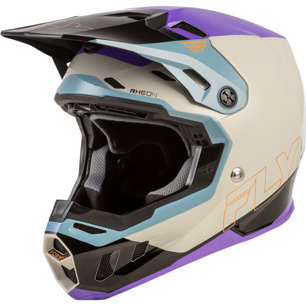 Studio view of fly racing formula cc glide helmet, in blue and light grey and grey, on a white studio background, | Fly Racing - Formula CC Glide Helmet | SKU 73-4352 | Colors: Purlpe/Stone/Black, Grey/Light Grey/Black, Blue/Light Grey/Grey, Black/Red/Grey | Sizes: XS to 2X | Available at BTO Sports