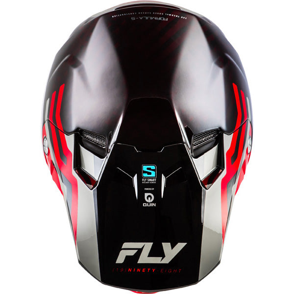 Studio view of fly racing formula s carbon byte helmet, in red carbon and red and grey, on a white studio background, | Fly Racing - Formula S Carbon Byte Helmet | SKU 73-4450 | Colors: Black Carbon/Grey/Silver, Blue Carbon/Blue/White, Black Carbon/Teal/Lime, Red Carbon/Red/Grey | Sizes: XS to 2X | Available at BTO Sports