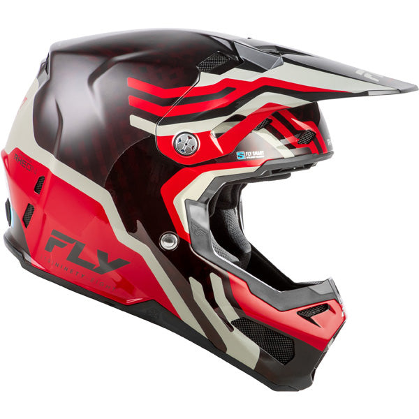 Studio view of fly racing formula s carbon byte helmet, in black carbon and grey and silver, on a white studio background, | Fly Racing - Formula S Carbon Byte Helmet | SKU 73-4450 | Colors: Black Carbon/Grey/Silver, Blue Carbon/Blue/White, Black Carbon/Teal/Lime, Red Carbon/Red/Grey | Sizes: XS to 2X | Available at BTO Sports