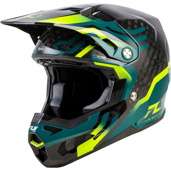 Studio view of fly racing formula s carbon byte helmet, in blue carbon and blue and white, on a white studio background, | Fly Racing - Formula S Carbon Byte Helmet | SKU 73-4450 | Colors: Black Carbon/Grey/Silver, Blue Carbon/Blue/White, Black Carbon/Teal/Lime, Red Carbon/Red/Grey | Sizes: XS to 2X | Available at BTO Sports