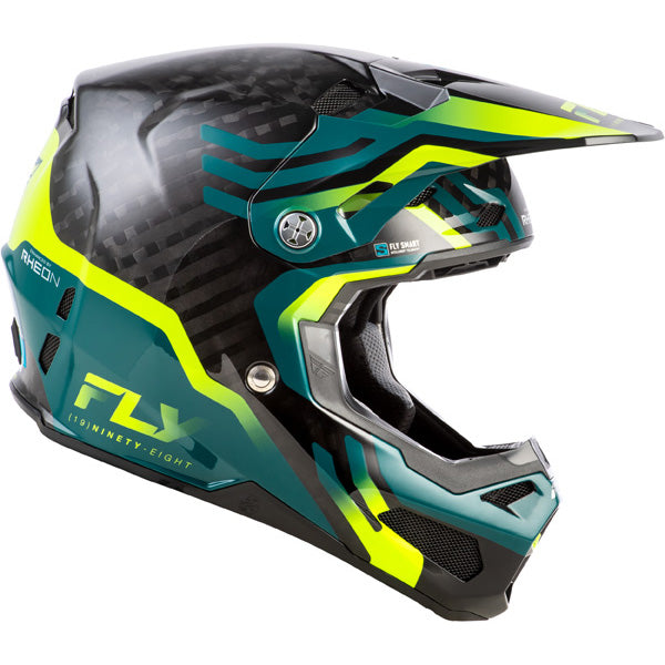 Studio view of fly racing formula s carbon byte helmet, in blue carbon and blue and white, on a white studio background, | Fly Racing - Formula S Carbon Byte Helmet | SKU 73-4450 | Colors: Black Carbon/Grey/Silver, Blue Carbon/Blue/White, Black Carbon/Teal/Lime, Red Carbon/Red/Grey | Sizes: XS to 2X | Available at BTO Sports
