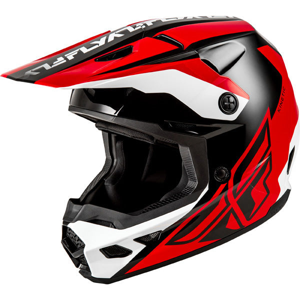 Studio view of fly racing kinetic crest helmet, in black and white and grey, on a white studio background, | Fly Racing - Kinetic Crest Helmet | SKU 73-8674 | Colors: Red/Black/White, Grey/Black/Blue, Black/White/Grey, Grey/Black/Hi-Vis | Sizes: XS to 2X | Available at BTO Sports