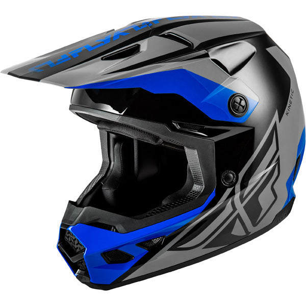 Studio view of fly racing kinetic crest helmet, in red and black and white, on a white studio background, | Fly Racing - Kinetic Crest Helmet | SKU 73-8674 | Colors: Red/Black/White, Grey/Black/Blue, Black/White/Grey, Grey/Black/Hi-Vis | Sizes: XS to 2X | Available at BTO Sports