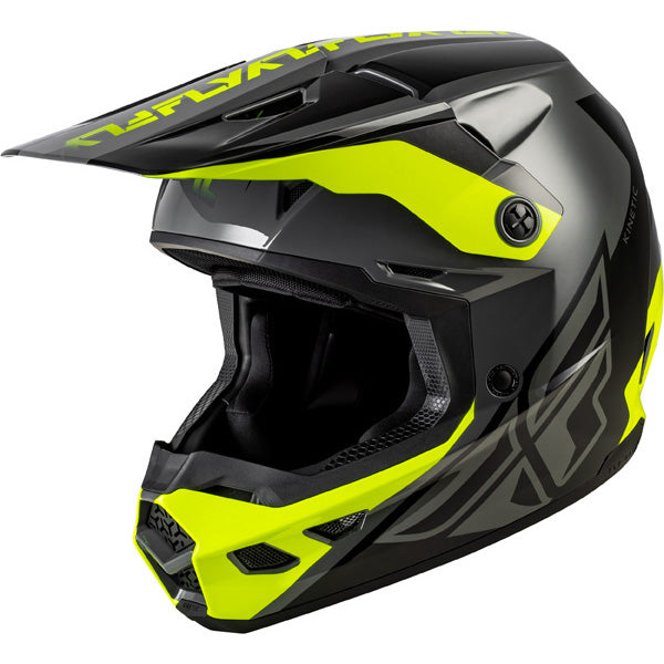Studio view of fly racing kinetic crest helmet, in grey and black and blue, on a white studio background, | Fly Racing - Kinetic Crest Helmet | SKU 73-8674 | Colors: Red/Black/White, Grey/Black/Blue, Black/White/Grey, Grey/Black/Hi-Vis | Sizes: XS to 2X | Available at BTO Sports