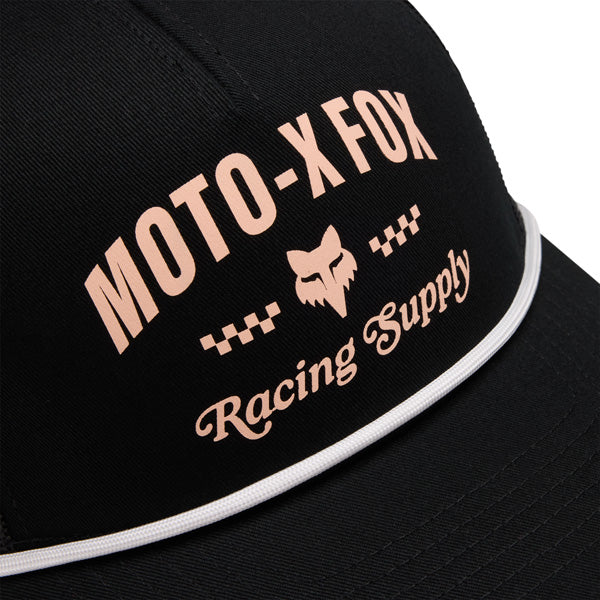 Fox Racing Supply Mesh Rope Trucker Hat mountain bike gear in Midnight detail view sku 38520-001