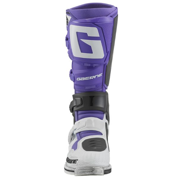Studio product photo on a white background of Gaerne, SG-12 LE Boots, Product image of Gaerne MX25 480 570 SG12 LE Boots PurBlkWht 2 motocross boots showing design and colorway, side view, Colors: Purple/Black/White, Sizes: 8–13, SKU 480-570