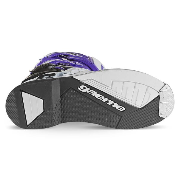 Studio product photo on a white background of Gaerne, SG-12 LE Boots, Product image of Gaerne MX25 480 570 SG12 LE Boots PurBlkWht 5 motocross boots showing design and colorway, detail view, Colors: Purple/Black/White, Sizes: 8–13, SKU 480-570
