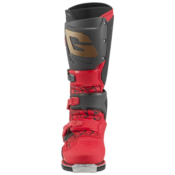 Studio image on a white background of Gaerne, SG-22 LE Magma MJK Boots, Product image of Gaerne MX25 480 666 SG22 LE Magma MJK Boots RdBlkGld 2 motocross boots showing design and colorway, side view, Colors: Red/Black/Gold, Sizes: 8–13, SKU 480-666