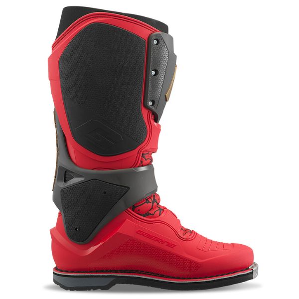 Studio image on a white background of Gaerne, SG-22 LE Magma MJK Boots, Product image of Gaerne MX25 480 666 SG22 LE Magma MJK Boots RdBlkGld 3 motocross boots showing design and colorway, rear view, Colors: Red/Black/Gold, Sizes: 8–13, SKU 480-666