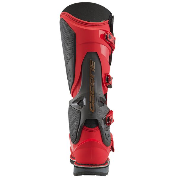 Professional studio photo of Gaerne, SG-22 LE Magma MJK Boots, Product image of Gaerne MX25 480 666 SG22 LE Magma MJK Boots RdBlkGld 4 motocross boots showing design and colorway, detail view, Colors: Red/Black/Gold, Sizes: 8–13, SKU 480-666