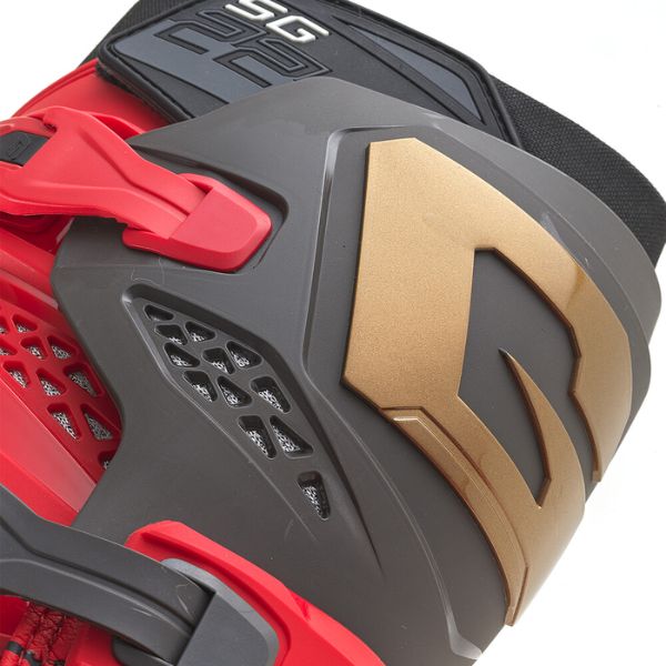Clean studio shot of Gaerne, SG-22 LE Magma MJK Boots, Product image of Gaerne MX25 480 666 SG22 LE Magma MJK Boots RdBlkGld 6 motocross boots showing design and colorway, detail view, Colors: Red/Black/Gold, Sizes: 8–13, SKU 480-666