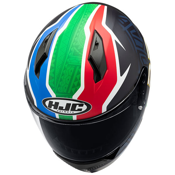 top view of HJC SKU 825133406, sizes XS, SM, MD, LG, XL for motorcycle helmet, street bike, full-face helmet, and powersports use.