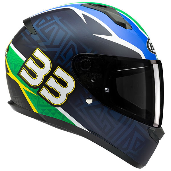 side view of HJC SKU 825133407, sizes XS, SM, MD, LG, XL for motorcycle helmet, street bike, full-face helmet, and powersports use.