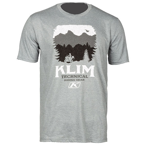Clean studio shot of Klim Badlands T; showing tee fit, printed graphics, and crew neckline; SKU 3701-000-120-801; Colors: White, Navy, Gray, Black