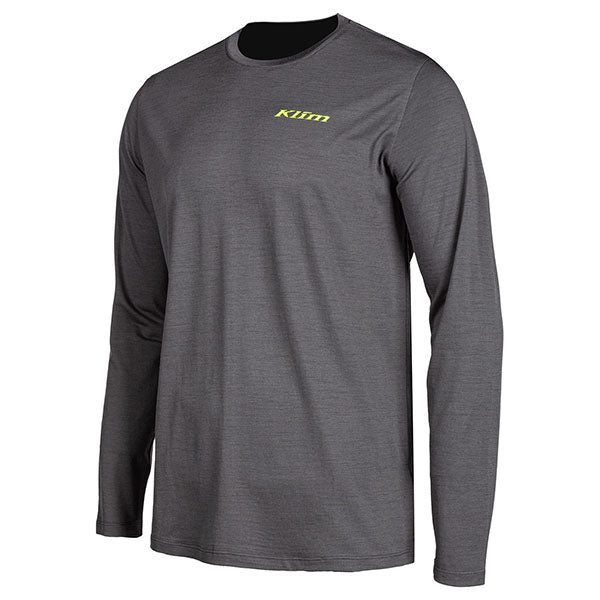Clean studio shot of Klim Teton Merino Wool Long Sleeve Shirt; showing long-sleeve cut, printed graphics, and crew neckline; SKU 3712-001-120-200