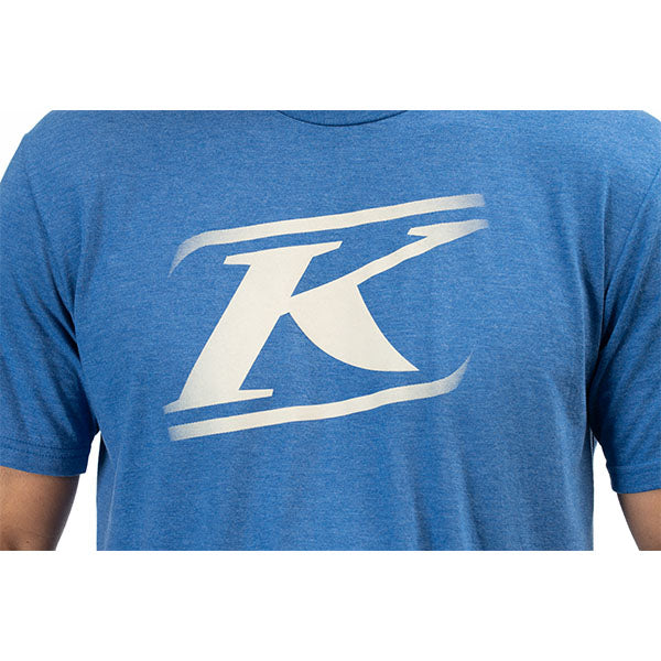 Studio photo on a white background of Klim Drift Tri-Blend Tee; showing tee fit, printed graphics, and crew neckline; SKU 3695-000-120-272; Sizes: S-3XL