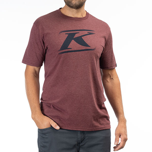 Studio photo on a white background of Klim Drift Tri-Blend Tee; showing tee fit, printed graphics, and crew neckline; SKU 3695-000-120-272; Sizes: S-3XL