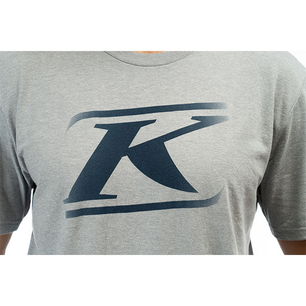 Professional studio photo of Klim Drift Tri-Blend Tee; showing tee fit, printed graphics, and crew neckline; SKU 3695-000-120-272; Sizes: S-3XL
