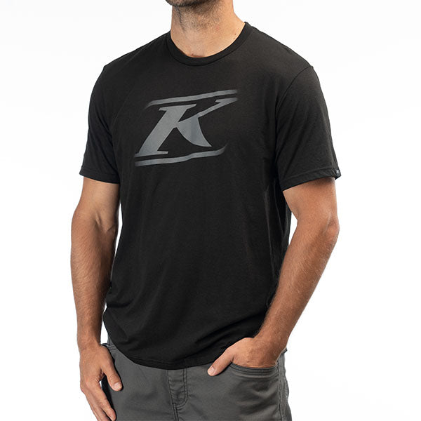 Studio photo on a white background of Klim Drift Tri-Blend Tee; showing tee fit, printed graphics, and crew neckline; SKU 3695-000-120-272; Sizes: S-3XL