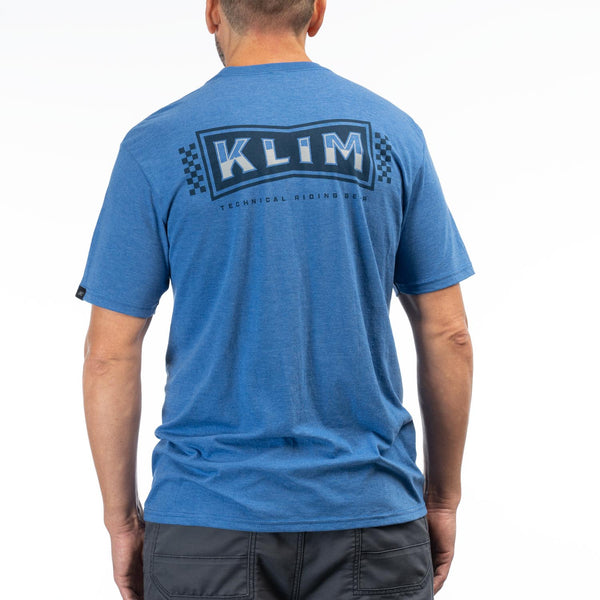 Studio photo on a white background of Klim Pinned Tri-Blend Tee; showing tee fit, printed graphics, and crew neckline; SKU 3693-000-120-222; Sizes: S-3XL