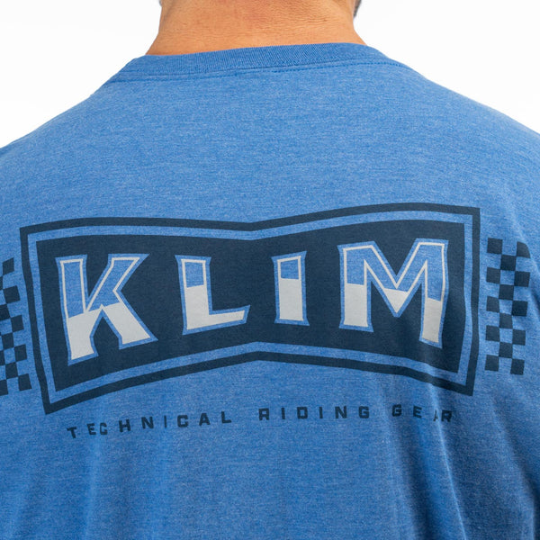 Crisp studio image on a white background of Klim Pinned Tri-Blend Tee; showing tee fit, printed graphics, and crew neckline; SKU 3693-000-120-222