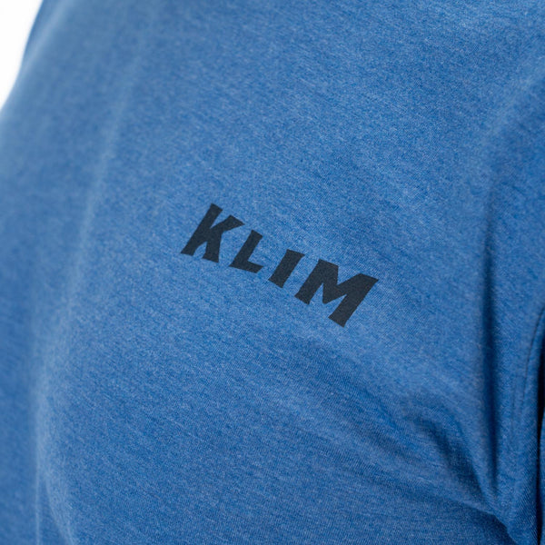 Professional studio photo of Klim Pinned Tri-Blend Tee; showing tee fit, printed graphics, and crew neckline; SKU 3693-000-120-222; Sizes: S-3XL