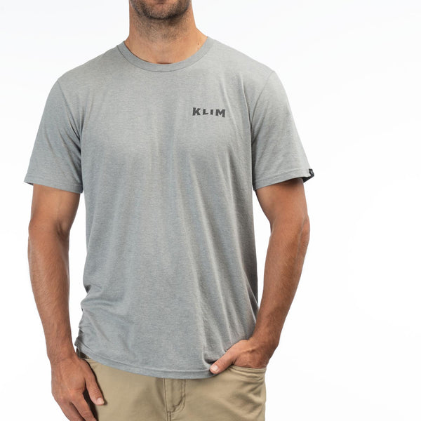 Crisp studio image on a white background of Klim Pinned Tri-Blend Tee; showing tee fit, printed graphics, and crew neckline; SKU 3693-000-120-222