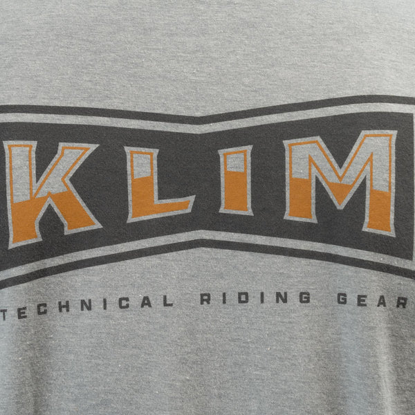 High-resolution studio image of Klim Pinned Tri-Blend Tee; showing tee fit, printed graphics, and crew neckline; SKU 3693-000-120-222; Sizes: S-3XL