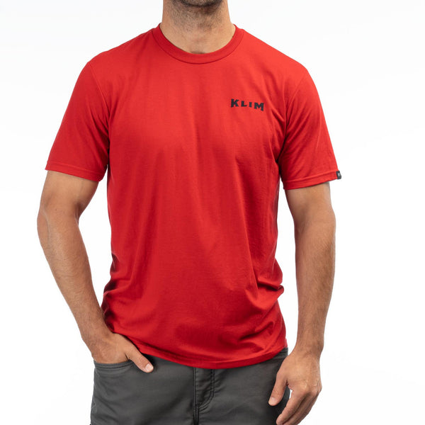 Studio photo on a white background of Klim Pinned Tri-Blend Tee; showing tee fit, printed graphics, and crew neckline; SKU 3693-000-120-222; Sizes: S-3XL