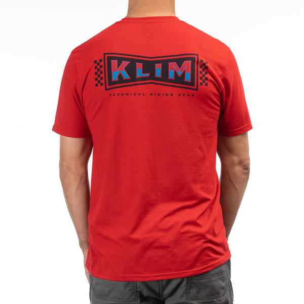 Clean studio shot of Klim Pinned Tri-Blend Tee; showing tee fit, printed graphics, and crew neckline; SKU 3693-000-120-222; Sizes: S-3XL
