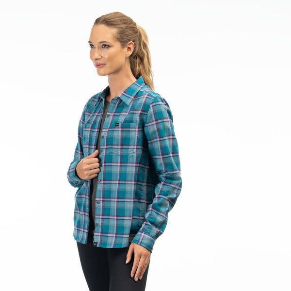 Studio photo on a white background of Klim; showing flannel shirt fit, button front, and plaid pattern; SKU 3595-000-160-249