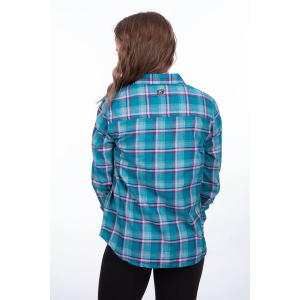 Professional studio photo of Klim Sunlight Trail Midweight Flannel Shirt; showing flannel shirt fit, button front, and plaid pattern
