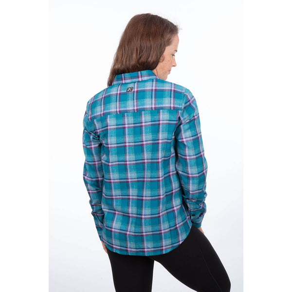 High-resolution studio image of Klim Sunlight Trail Midweight Flannel Shirt; showing flannel shirt fit, button front, and plaid pattern
